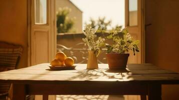 moderno interior estilo de vida Mediterrâneo dentro verão cena, plantar com fruta em mesa com luz e sombra dentro jantar quarto foto