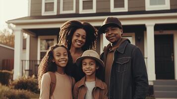 feliz africano americano jovem família orgulhosamente em pé dentro frente do seus Novo casa - generativo ai. foto