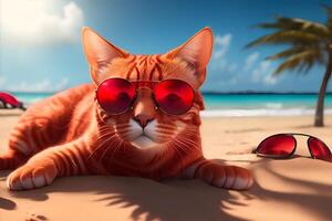 vermelho gato com oculos de sol em tropical de praia. ai gerado foto