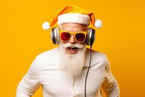 funky louco santa claus dj fone de ouvido cantar música som melodia ouço música em amarelo fundo. ai gerado foto