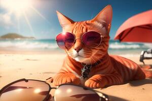 vermelho gato com oculos de sol em tropical de praia. ai gerado foto