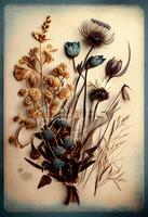 foto seco flores e plantas sobre Antiguidade vintage cartão. ai gerado