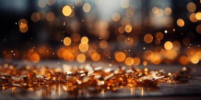 bokeh fundo com ouro luzes em uma mesa . ai gerado foto