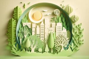 papel arte estilo , papel cortar do eco cidade Projeto verde energia conceito e meio Ambiente conservação. ai gerado foto