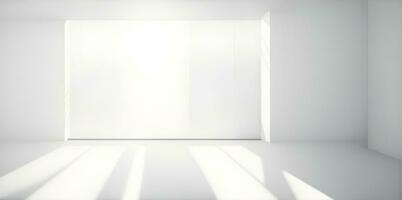 branco minimalista quarto com em branco paredes e luz solar transmissão através janelas. ai gerado foto