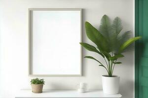 retangular vertical quadro, Armação brincar dentro Scandi estilo interior com Seguindo verde plantas e estante em esvaziar neutro branco parede fundo. ai gerado foto