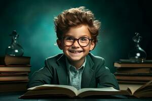 retrato do uma feliz criança pequeno Garoto com óculos sentado em uma pilha do livros e lendo uma livros. ai gerado foto