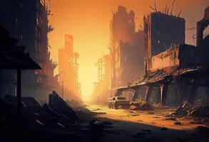 ilustração pintura do destruído abandonado cidade, zumbi apocalipse. ai gerado. foto