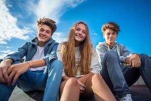 retrato do 3 sorridente adolescentes vestindo jeans e tênis sentado em a parede, borrado azul céu fundo. ai gerado foto