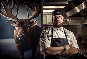 retrato do uma alce e chefe de cozinha dentro uma restaurante cozinha. ai gerado foto