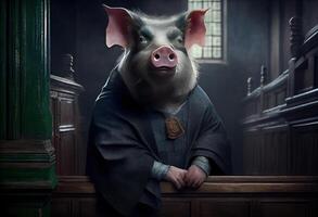 retrato do uma porco Como uma juiz durante uma julgamento. ai gerado foto