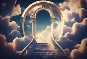 céus portão para céu fim do vida. escada para paraíso. religioso fundo. ai gerado foto