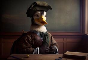 retrato do a antropomórfico Pato vestido Como uma estudante dentro uma sala de aula. ai gerado foto