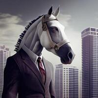 retrato do a antropomórfico cavalo homem de negocios roaming a cidade ruas. ai gerado foto