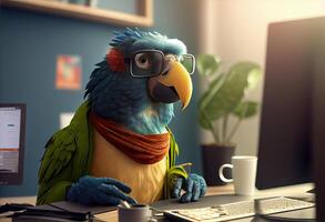 retrato do a antropomórfico papagaio Como uma desenvolvedor dentro a escritório. ai gerado. foto