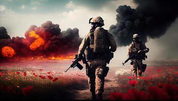 militares especial forças soldados cruzes destruído zona de guerra através fogo e fumaça dentro uma Primavera flor campo ai gerado. foto