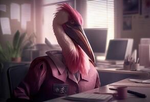 retrato do a antropomórfico Rosa pelicano Como uma desenvolvedor dentro a escritório. ai gerado. foto