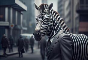 retrato do a antropomórfico zebra homem de negocios roaming a cidade ruas. ai gerado. foto