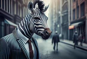 retrato do a antropomórfico zebra homem de negocios roaming a cidade ruas. ai gerado. foto