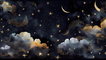 desatado padronizar do a noite céu com ouro frustrar constelações estrelas e nuvens aquarela. ai gerado. foto