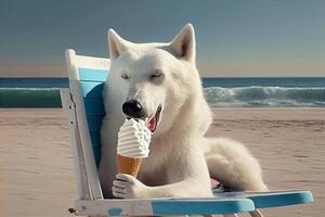 uma branco polar Lobo come gelo creme em a de praia. ai gerado. foto