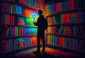 homem com livro e lâmpada olhando para conhecimento em biblioteca com colorido livros. ai gerado foto