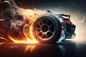3d Renderização , esporte carro corrida em raça rastrear com fogo queimando , carro roda drifting.ai gerado foto
