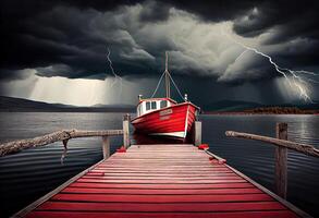 vermelho de madeira barco em a lago perto a de madeira cais antes a tempestade. nuvens de tempestade dentro a céu. ai gerado. foto