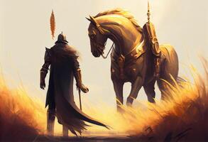 uma dourado cavaleiro e dele cavalo caminhando para campo do espadas. ai gerado. foto