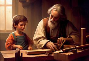 santo Joseph do nazareth ensina Jesus Cristo sobre carpintaria. do pai dia. santo Joseph a trabalhador. ai gerado. foto