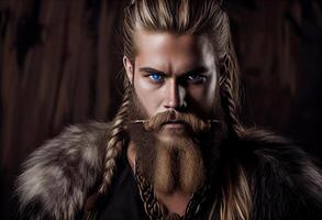 a viking ficou alta e orgulhoso, dele músculos tenso abaixo dele forrado de pele túnica. ai gerado. foto