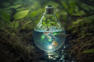 ecologia e mundo água dia , luz lâmpada idia com de Meio Ambiente proteção e Salve  terra água. ai gerado foto