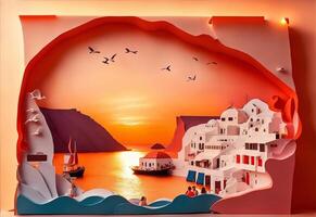 santorini, Grécia, pôr do sol, papel arte. ai gerado foto