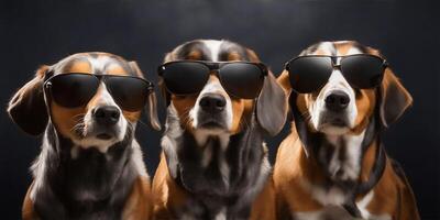 três cachorro com oculos de sol em Sombrio fundo. ai gerado foto