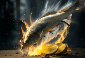 grelhado suculento cauda amarela peixe em fogo. ai gerado foto