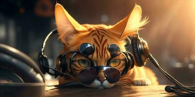 gengibre dj gato com oculos de sol e fones de ouvido. ai gerado foto