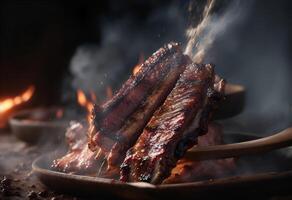 suculento grelhado carne de porco costelas em fogo. ai gerado foto