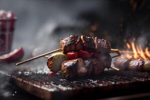 delicioso churrasco Kebab grelhar em aberto grade. ai gerado foto