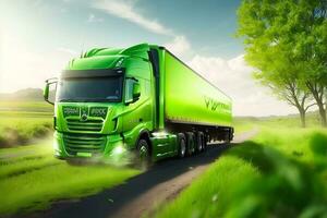 eco amigáveis transporte conceito com verde caminhão. ai gerado foto