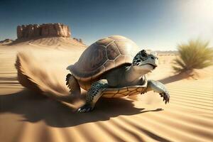 velozes tartaruga corrida às cheio Rapidez dentro a deserto. ai gerado foto