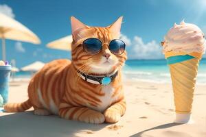 uma gengibre gato vestindo oculos de sol em uma tropical de praia com gelo creme. ai gerado foto