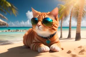 gengibre gato com oculos de sol em tropical de praia. ai gerado foto