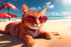 vermelho gato com oculos de sol em tropical de praia. ai gerado foto