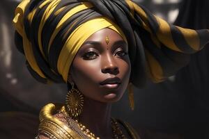 Preto mulher dentro africano turbante em estúdio fundo. ai gerado foto