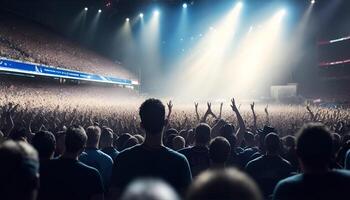 uma multidão do pessoas às uma estádio Rocha show, viver evento. ai gerado foto