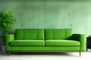 vivo quarto com verde sofá e decoração quarto em esvaziar concreto parede fundo. ai gerado foto