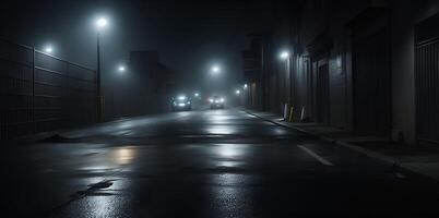 meia noite estrada ou beco com carro faróis aguçado isto caminho. ai gerado foto