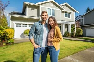 casal em pé dentro frente do Novo casa. ai gerado foto