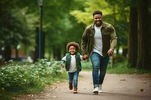 feliz étnico família pai e filho ter Diversão em andar dentro verão parque. ai gerado foto