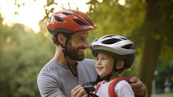 feliz família pai coloca em filho capacete para seguro ciclismo. ai gerado foto